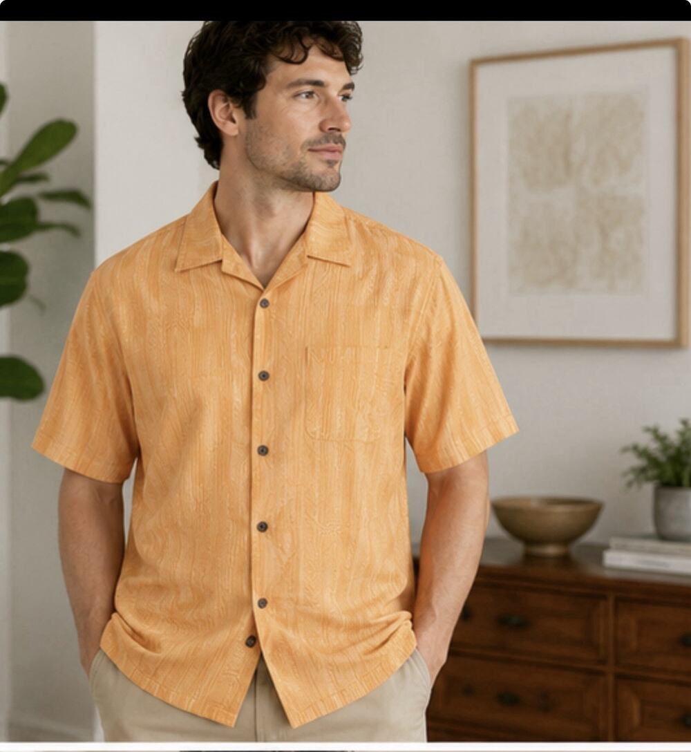 Island Republic Camp Shirt XL Orange Textured Button Front Casual Rayon Blend